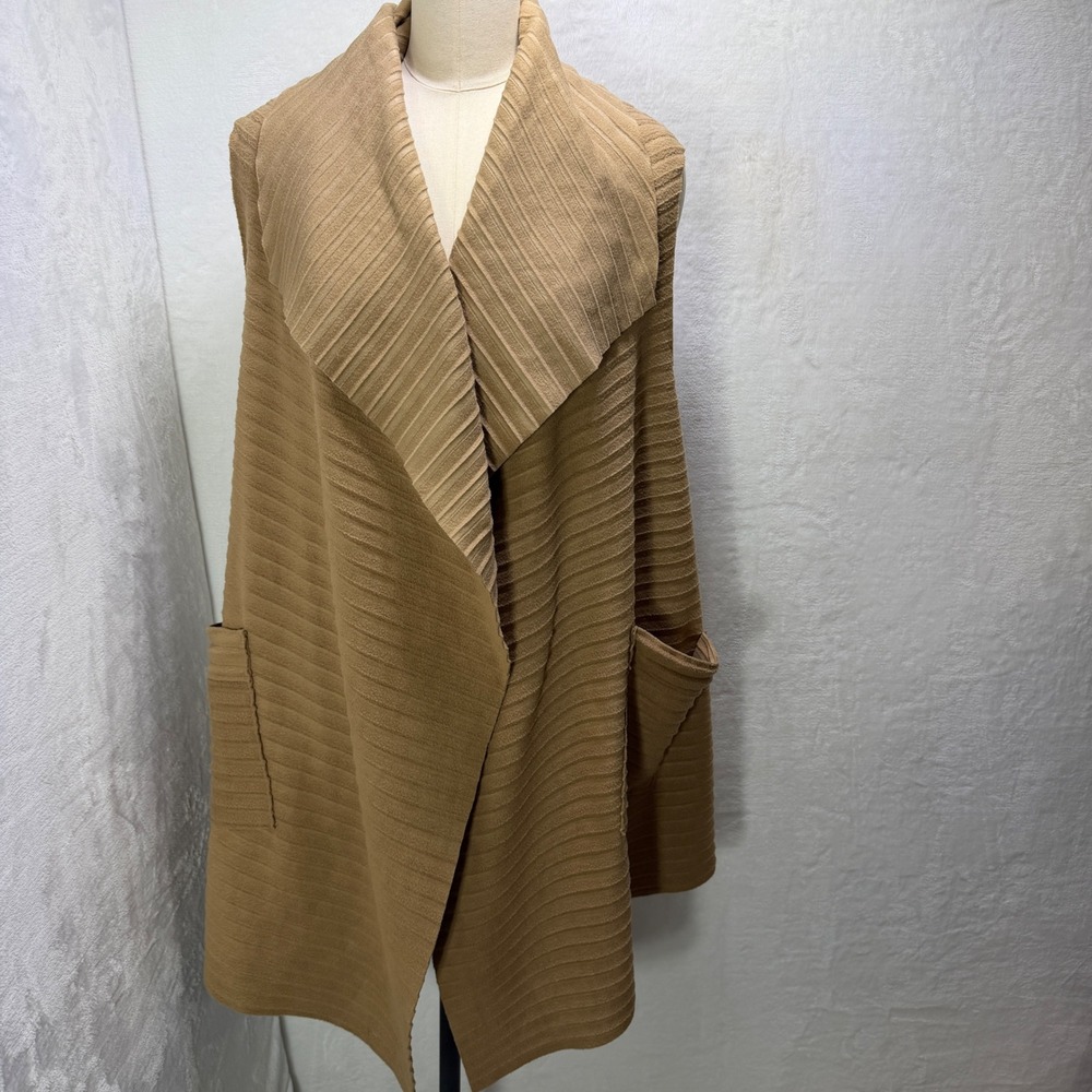 LeMode NWT XL-XXL Camel Brown Pleated Fleece Open Front Draped Pocket Cardigan